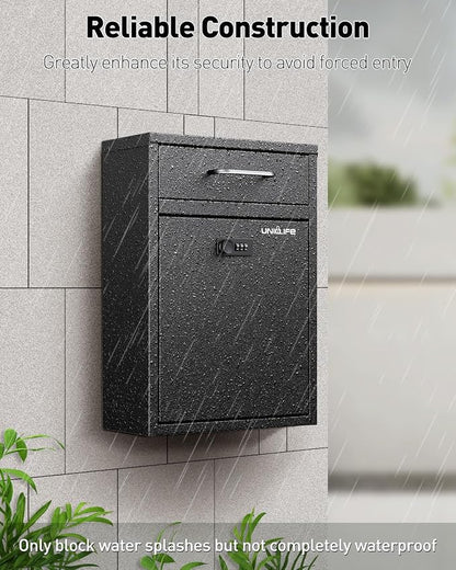 Uniclife Wall Mount Mailbox for Outside, Anti-Theft Heavy Duty Locking Mailbox, Large Mailbox with Combination Lock, Security Mail Box, Safe Key Drop Box, Post Box, Steel Cash Drop Box for Home, Black
