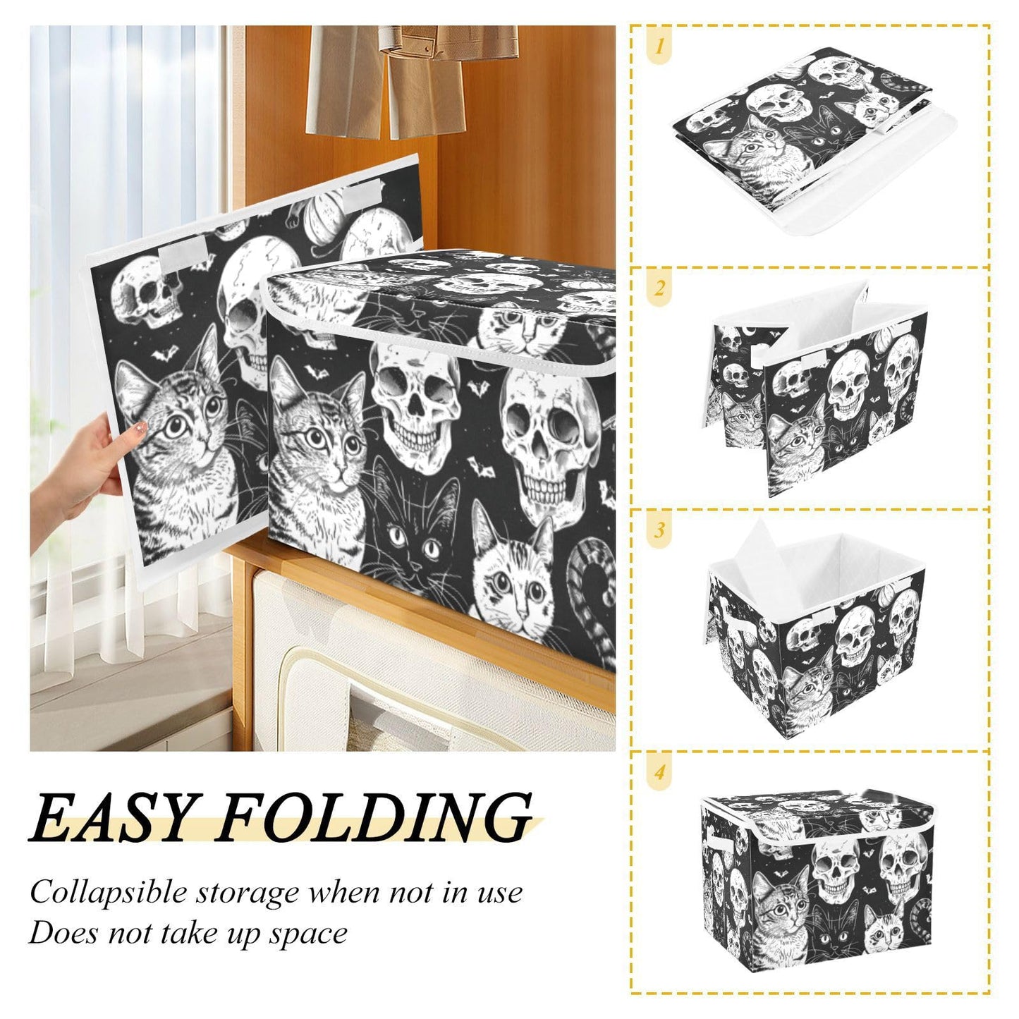 Tatenale Collapsible Storage Bins with Lids Decorative Fabric Storage Cubes Closet Organizer and Storage Basket Boxes Containers for Clothes Box Chest Folding Rectangle Halloween Cat Skull