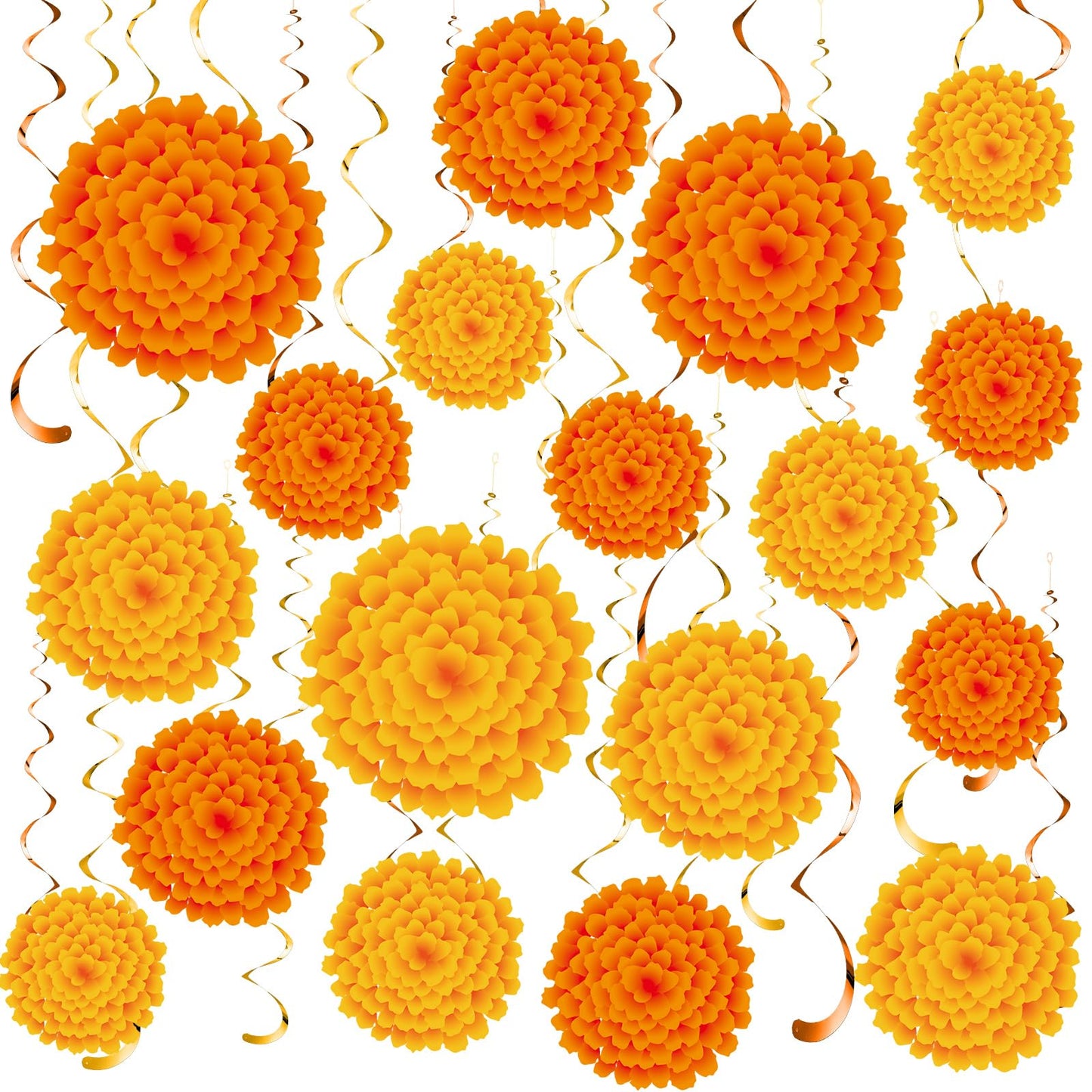 Trandraft 36 Pcs Marigold Flower Diwali Decorations Day of The Dead Dia De Los Muertos Marigold Flower Decorations Hanging Streams Swirls for Home Pooja Indian Varalakshmi Altar Ofrenda Decor