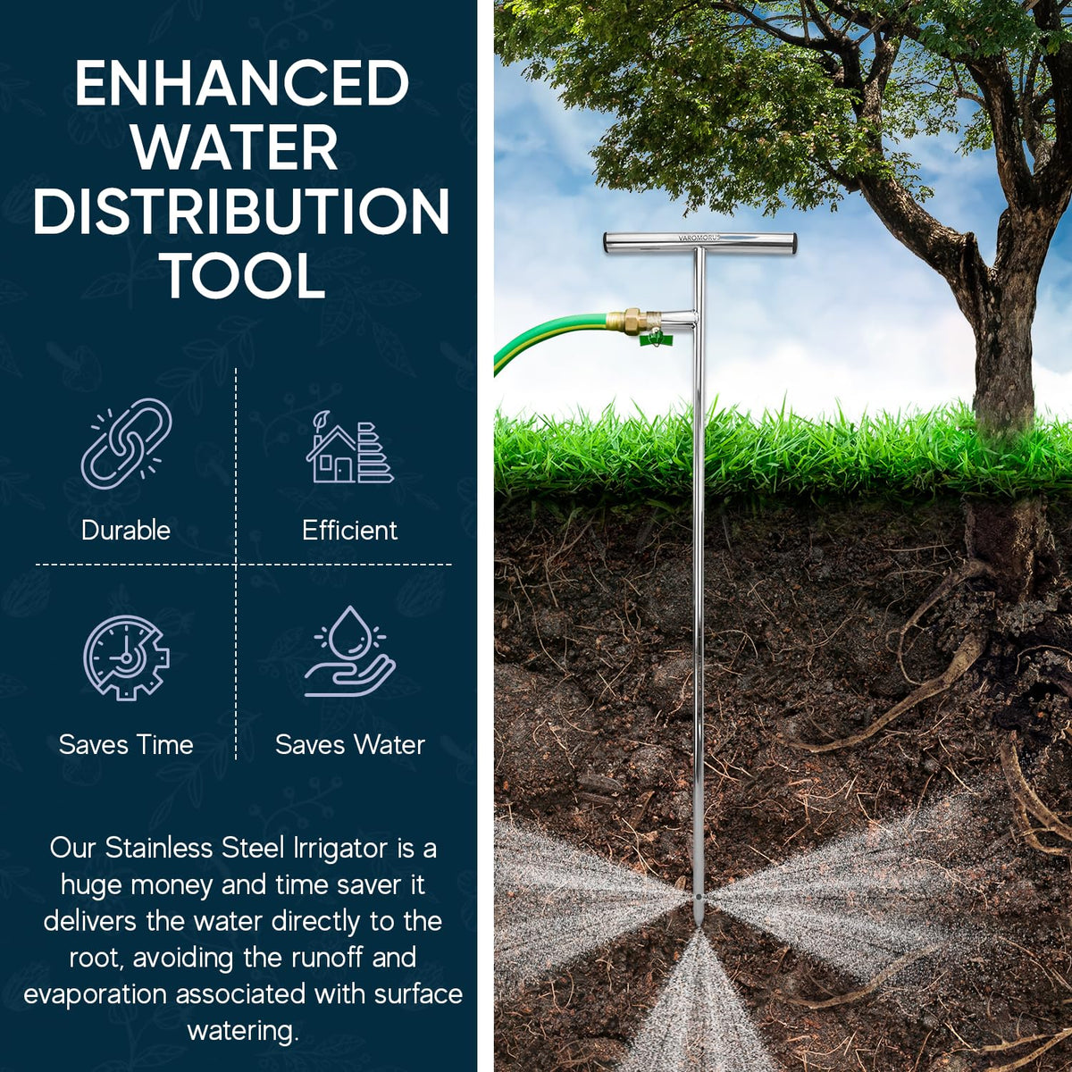 Varomorus Stainless Steel Deep Root Tree Watering Tool Irrigation System Wand T-Handle with Valve