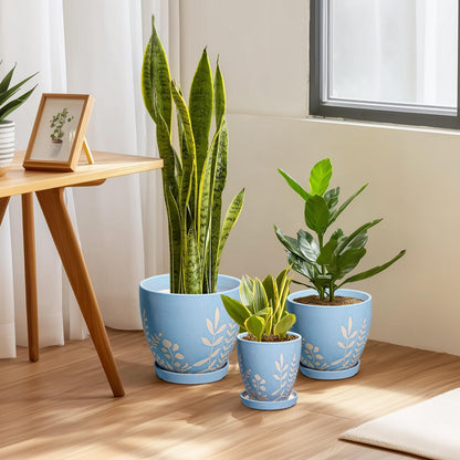 EPFamily 6 Inch Ceramic Plant Pot with Saucer - Small Flower Pot with Drainage for Succulents & Herbs, Boho Desk Home Office Room Decor, Plant Lovers Gifts, Blue