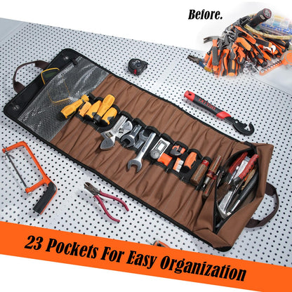 WELKINLAND 23-Pocket Canvas Tool Roll, Heavy-Duty Tool Wrap Roll, Waterproof Canvas Roll Up Tool Bag, 14'' Tool Roll Bag Organizers, Easy-Access Screwdriver Roll Up Pouch