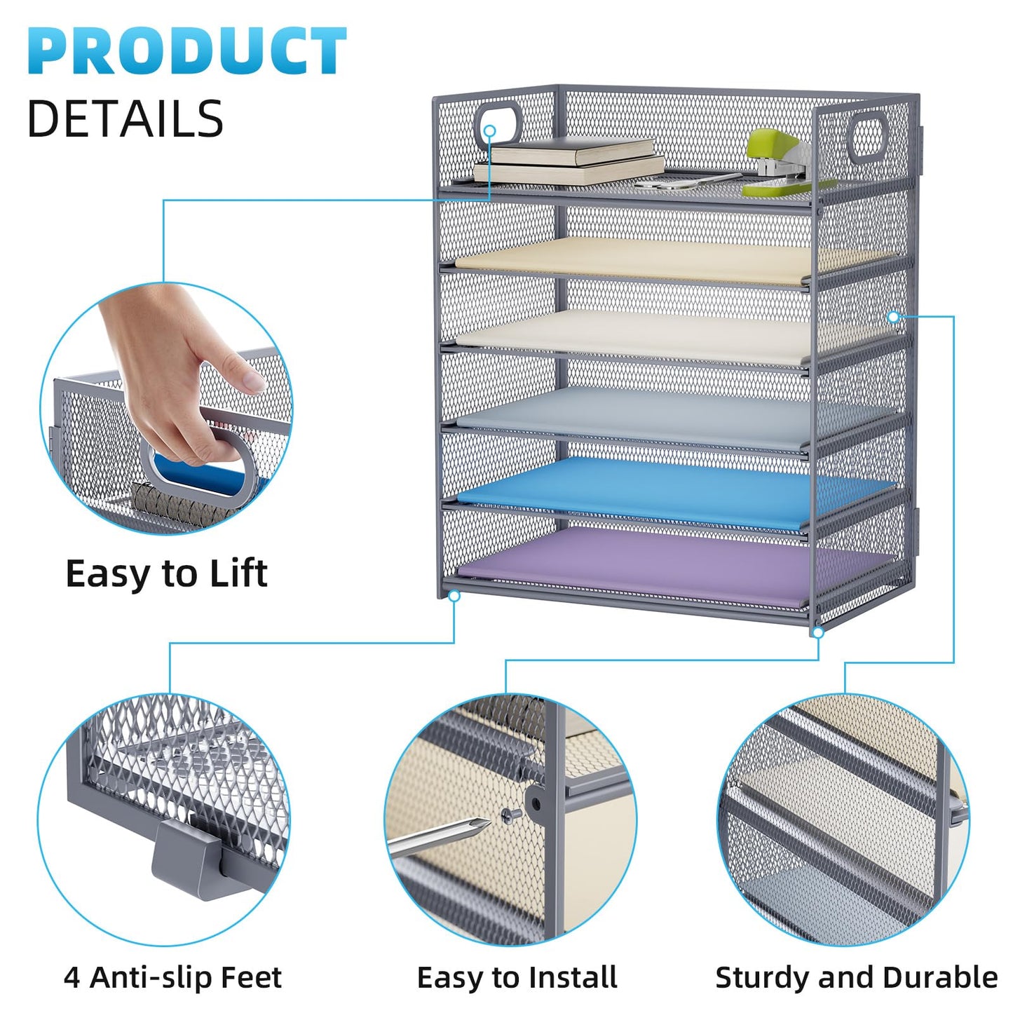 Marbrasse 6 Tier Paper Organizer Letter Tray - Mesh Desk File Organizer with Handle, Paper Sorter for Letter/A4 Office File Folder Holder - Grey