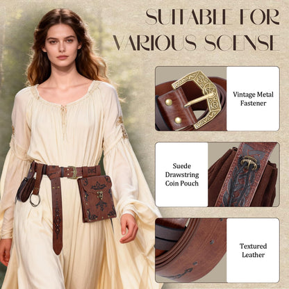 Luazuri Viking Embossed Renaissance Belt Pouch, Vintage Medieval Faux Leather Pirate Belt Pack,Retro Portable Belt Bag For LARP Ren Faire. (Brown C)
