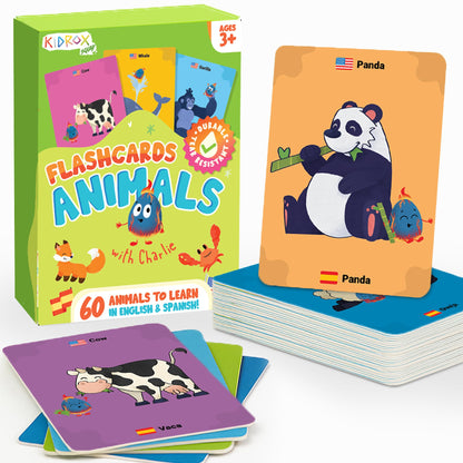 Kidrox Animals Flash Cards, English Learning Cards with Spanish Translations Included, Indestructible Double-Sided, 30 Cards