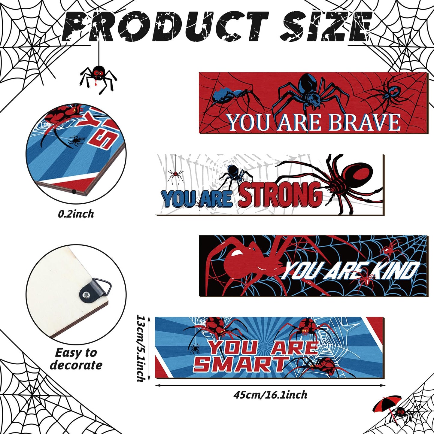 Geetery 4 Pcs Spider Room Decor 16'' x 5'' Boys Bedroom Wall Decor Wooden Inspirational Spider Hanging Sign Kids Large Motivational Wall Art for Little Boy Kid Teen Bedroom Nursery Home Birthday Gift