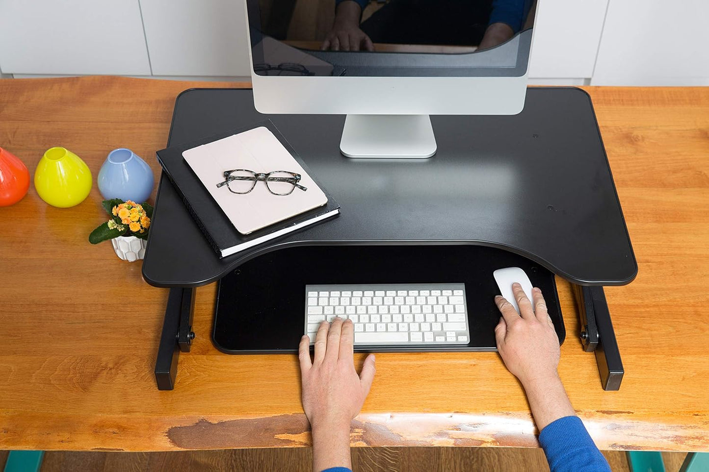Rocelco 32" Height Adjustable Standing Desk Converter with Anti Fatigue Mat BUNDLE - Sit Stand Up Dual Monitor Riser - Computer Workstation - Large Retractable Keyboard Tray - Black (R ADRB-MAFM)