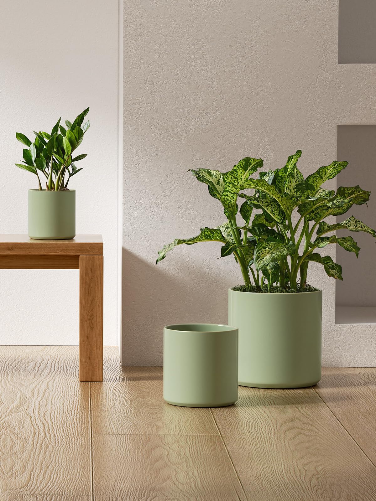 LE TAUCI Ceramic Pots for Plants, 10/8/6 Inch Indoor Planters with Draiange Hole, Silicone Plug & Mesh Pad, Modern Minimalist Pots for Home Office, Set of 3, Glossy, Sage Green