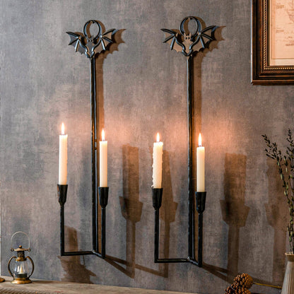 Wall Sconce Candle Holder Metal Hanging Wall Decorations Gothic Bat Wall Light Candle Holder for Home,Living Room, Bathroom, Dining Room, Set of 2（Black