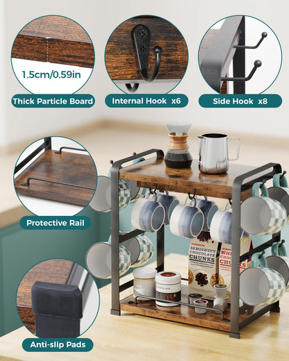 OROPY Wooden Coffee Bar Organizer with 14 Mug Hooks, 2 Tier Countertop Coffee Mug Holder Stand for Cups, Mugs, Syrups, Accessories