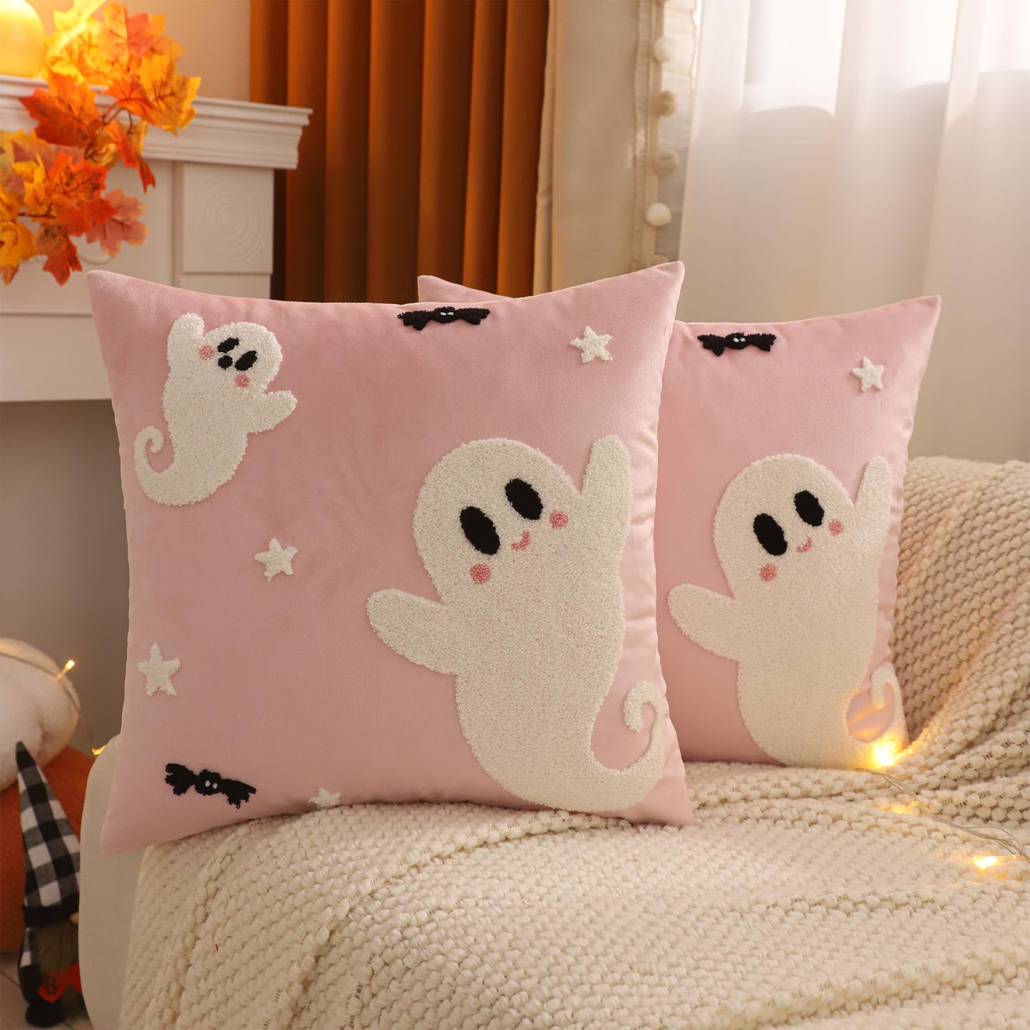 Tosleo Halloween Throw Pillow Covers 18x18 inch Set of 2 Halloween White Spooky Ghosts Embroidered Pillow Cases Thanksgiving Home Party Fall Decor Pillowcases Square Pink Velvet Cushion Covers