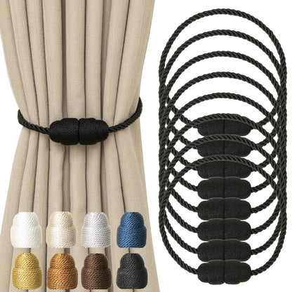 Contoeey Magnetic Curtain Tiebacks Rope Curtain Tie Backs for Curtains 8 Pack Curtain Holders for Drapes Decorative Window Curtain Holdbacks, Black