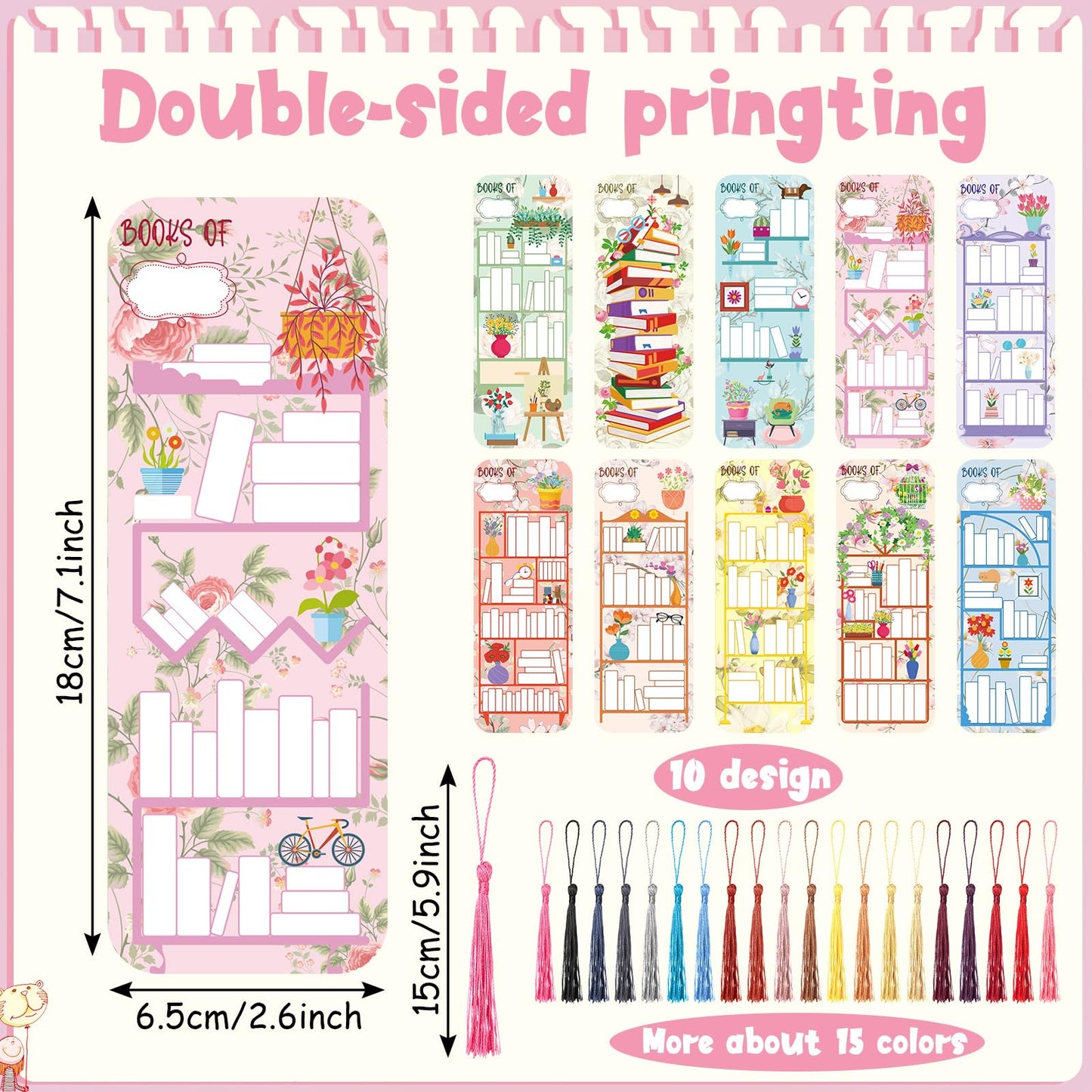 100 Pcs Book Tracker Bookmarks with 100 Tassels Bookshelf Design Reading Page Markers Double Sided Bookmarks Gifts for Book Lovers Book Club Gifts