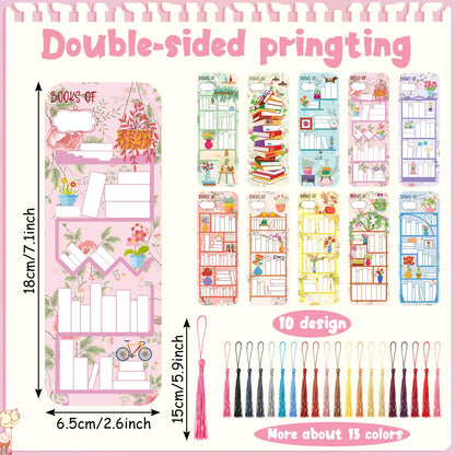 100 Pcs Book Tracker Bookmarks with 100 Tassels Bookshelf Design Reading Page Markers Double Sided Bookmarks Gifts for Book Lovers Book Club Gifts