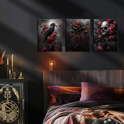 Gothic Canvas Wall Art Set of 3, Romantic Rose Halloween Wall Decor Paintings, Dark Goth Crow Skull Posters Prints for Bathroom Living Room Gallery Home Decor 12x16In Framed