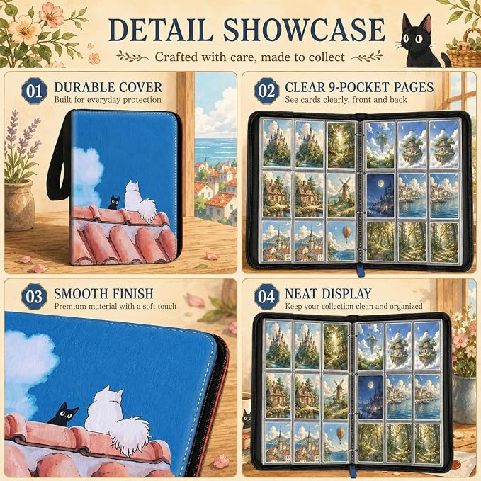 1008 Cute Card Binder 9 Pocket, 3-Ring Trading Card Binder with 56 Page Removable Sleeves, High Storage Waterproof Trading Card Holder Collection Card Album Organizer Case for TCG Cards - Cat