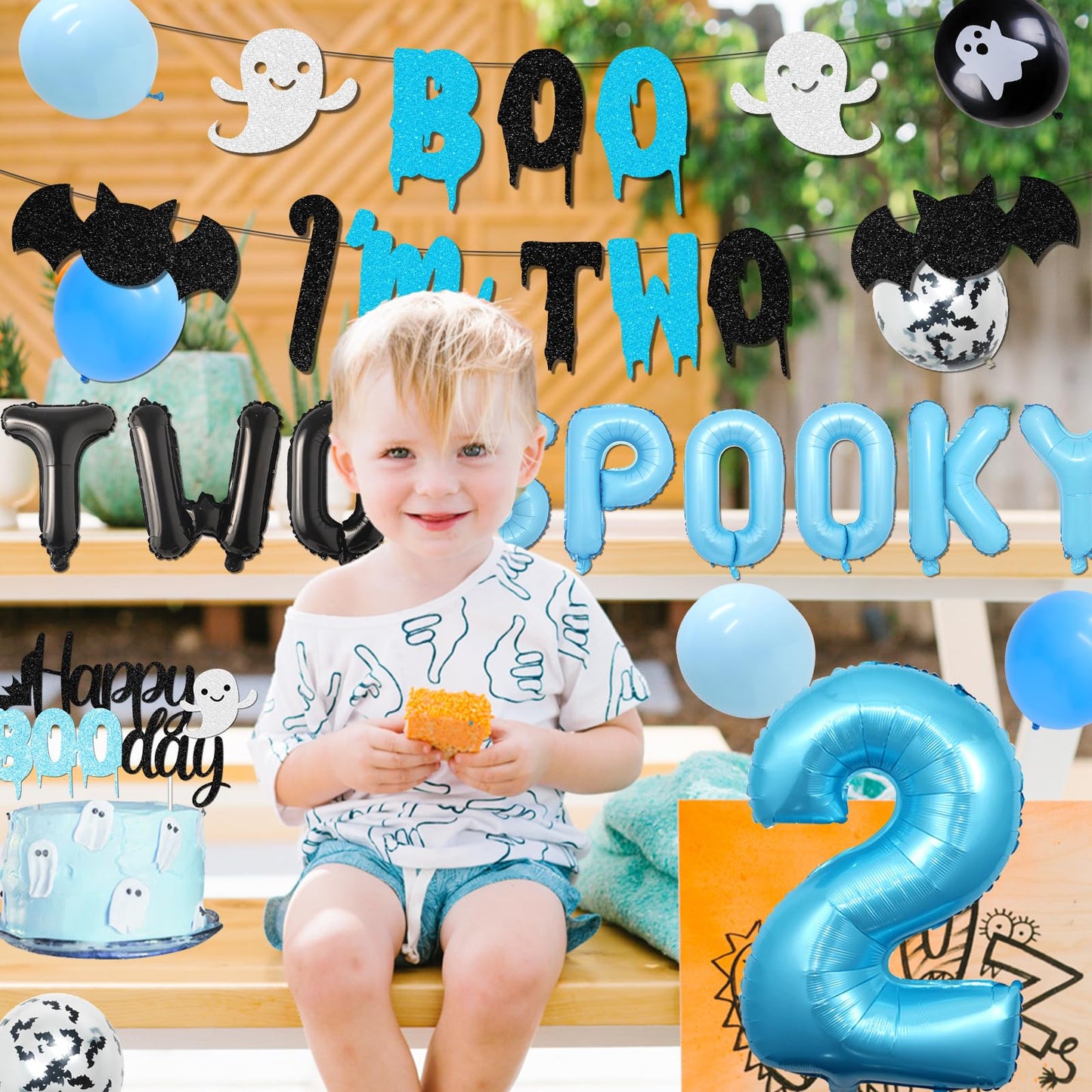 Halloween 2nd Birthday Party Decorations for Boys Blue Two Spooky Birthday Decor Boo I'm Two Banner Happy Boo Day Cake and Cupcake Toppers Ghost Bat Latex Balloon for Boys 2nd Bday Decor Supplies