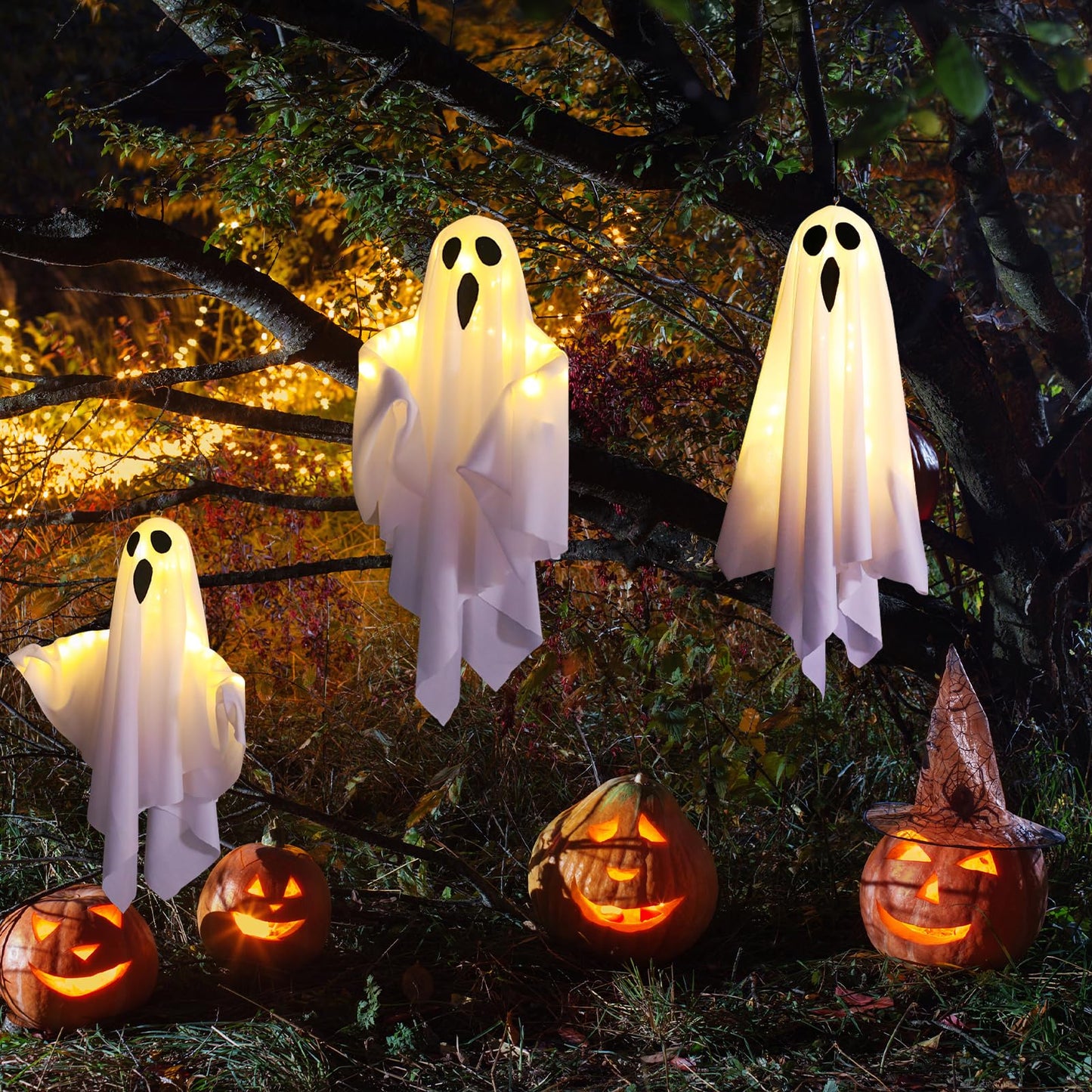 TUSAUW 3Packs Halloween Light Up Hanging Ghost Halloween Ghost Decorations with LED Light Spooky Ghost Ornaments for Home Tree Garden Yard Party Décor and Holiday Decorations(White)