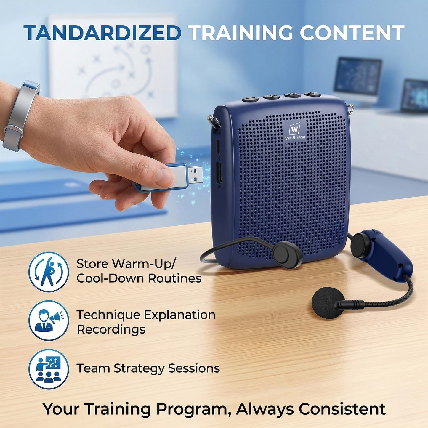 WinBridge Wireless Voice Amplifier - 15W Bluetooth PA System for Teaching, Tour Guiding, Business Meetings, Conference Training, 12-15H Battery, Portable Microphone with Speaker Sound System Blue