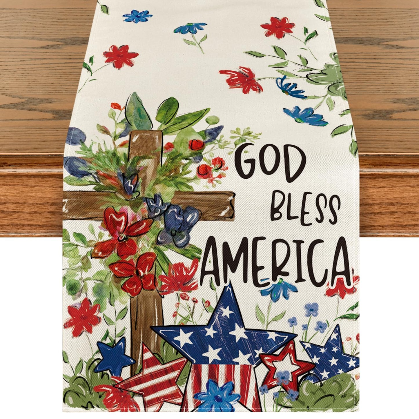 Artoid Mode Cross Star Floral Patriotic 4th of July Table Runner, Memorial Day Kitchen Dining Table Decoration for Home Party Decor 13x120 Inch