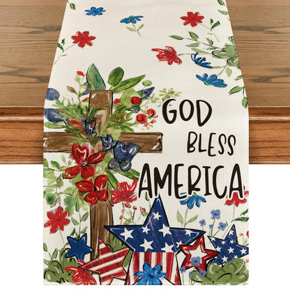 Artoid Mode Cross Star Floral Patriotic 4th of July Table Runner, Memorial Day Kitchen Dining Table Decoration for Home Party Decor 13x120 Inch