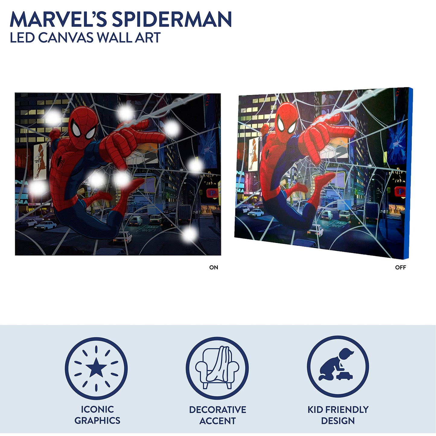Idea Nuova Spider-Man LED Canvas Wall Art, Children's Home Décor, Bedroom, Spiderman / Blue, 11.50" x 15.75"