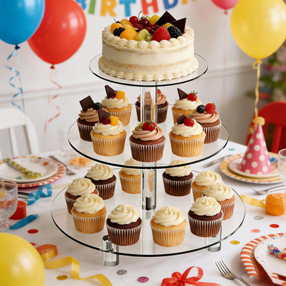 YadklDrnE 3 Tier Acrylic Cupcake Stand (6", 8", 10") with 4" Spacing - Clear Dessert Tower with Solid Rods - Stable Cake Display for Smash Cakes, Weddings & Party Decor (Clear)