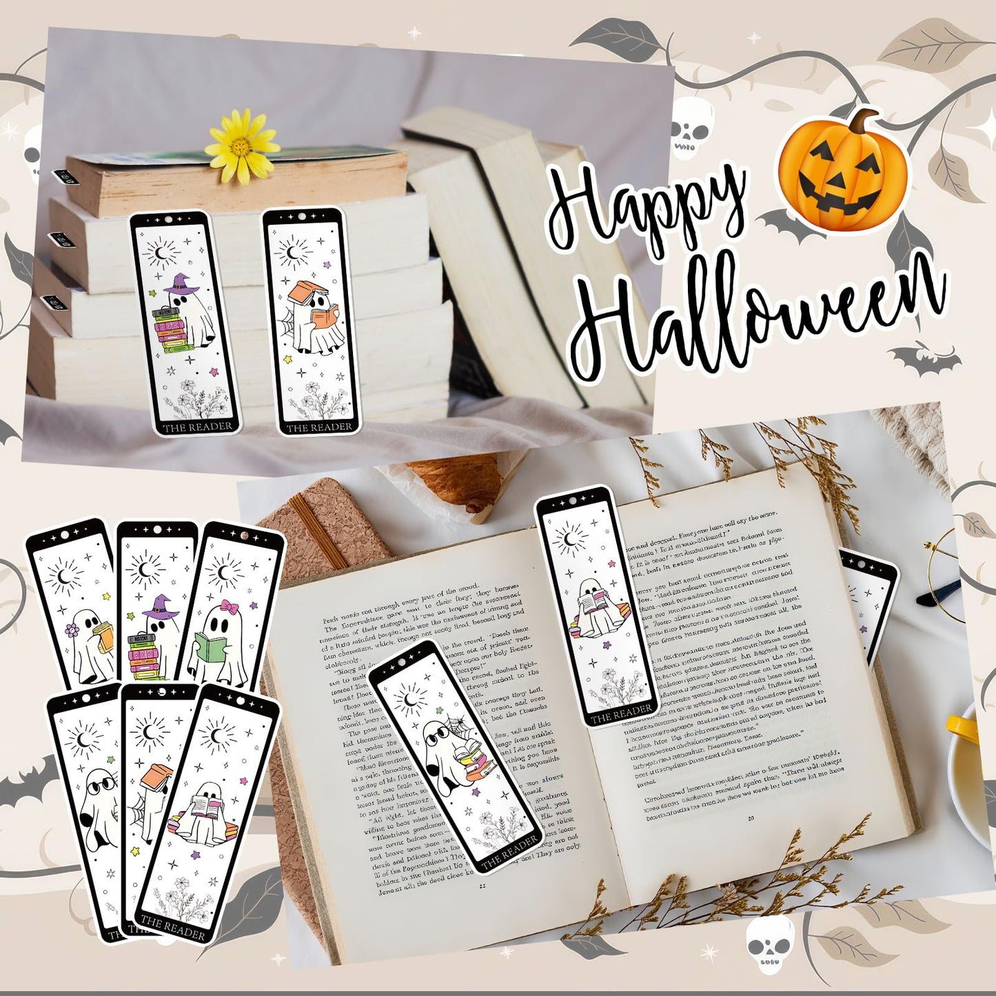 Whaline 60 Pcs Halloween Ghost Bookmark Cute Cartoon Reading Ghost Book Page Markers with Tassels for Book Lovers Student Teacher Home Classroom Supplies, Double-Sided