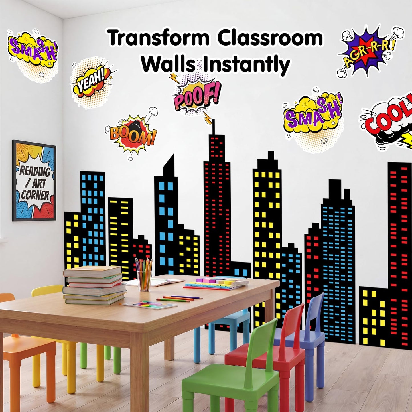 Crtiin 19 Pcs Large Hero Theme City Skyline Wall Decal 12 Comic Words and 7 Large Cityscape Wall Decal Art New York Skyline Hero for Birthday Classroom Backdrop Back to School Hallway Blackboard