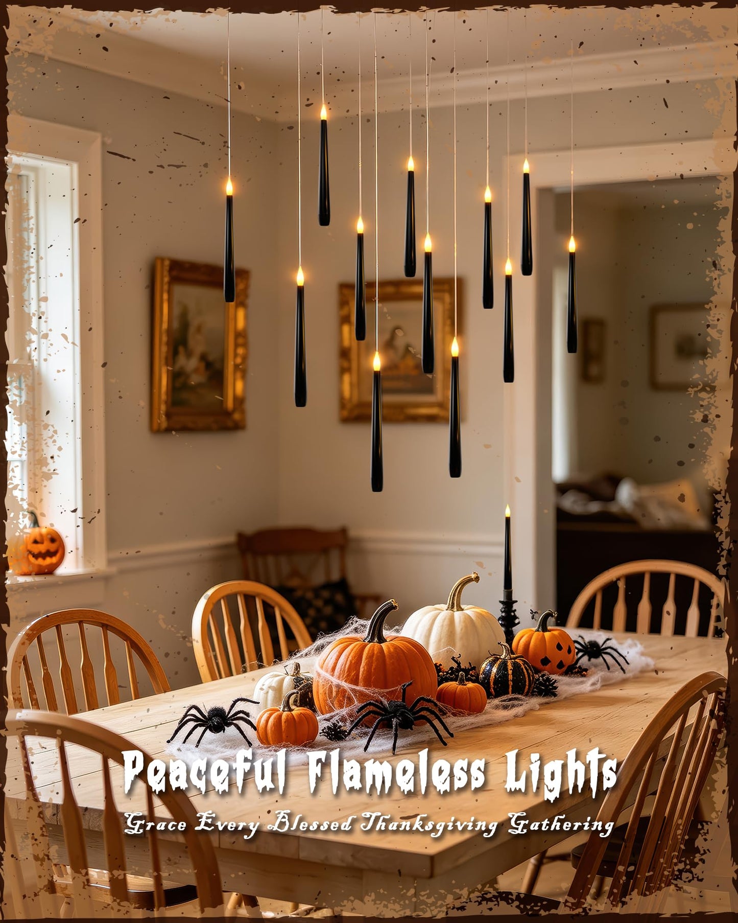 Meigic 20PCS Black Floating and Hanging Flameless Taper Candles with Wand Remote, Battery Operated Gothic Halloween Candles with Flickering Amber Glow for Haunted House, Witchy Dinner, Ceiling Decor