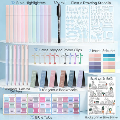 53 Pcs Bible Study Supplies, Bible Study Kit Journaling Supplies with 12 Bible Highlighters No Bleed and Tabs, 6 Pens, 6 Bookmarks, Books of the Bible Sticker and More, Christian Gifts for Women