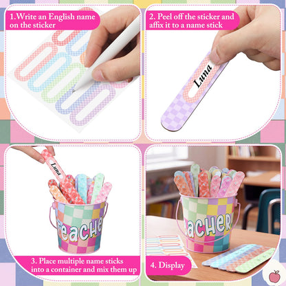 ReliThick 101 Pcs Pastel Checkerboard Flip Name Sticks with Metal Buckets Back to School Talking Sticks with Metal Holder Set for Classroom Management Tool Teacher Essentials Educational Activities