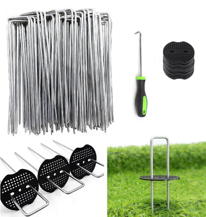 10 Inch 50 PCS Galvanized Landscape Staples with 50 PCS Gasket, Landscape Fabric Pins Stakes Lawn Ground Cover Graden Staples Spikes Weed Barrier Stakes