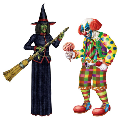 Beistle Halloween Jointed Cutout Bundle – Life-Size Witch with Broom and Creepy Zombie Clown Wall Decorations, Scary Hanging Props for Trick-or-Treat Events, Haunted Houses, and Spooky Parties