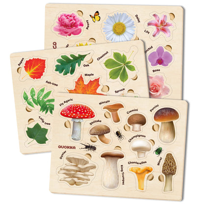 QUOKKA Wooden Puzzles for Toddlers 2-4 – 3X Set Montessori Toys Puzzles for Kids Ages 3-5 – Wood Educational Baby Game 12-18 Months – Gift Learning Mushrooms Flowers Leaves for Boy and Girl 3-5