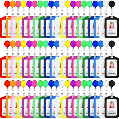 60 Sets Retractable Badge Reels, PU Leather Name Badge Holder, Multicolor ID Holder Key Card Holder Vertical ID Badge with Reel Clip for Office Business Worker Teachers Students Nurses Doctor