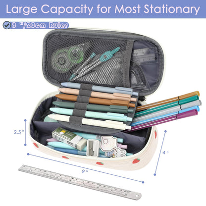 FlowFly Large Capacity Pencil Case for Kids, Boys & Girls – Zippered Multi-Functional Pen Pouch, Soft & Portable Pencil Bag for School, Teens, Students, Corduroy Strawberries Beige