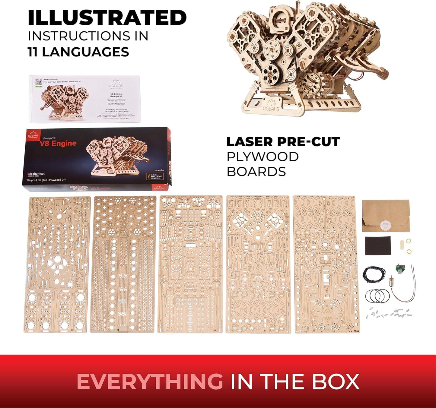 UGEARS V8 Engine Model Kit - 3D Wooden Puzzles for Adults, 3D Puzzle Model Engine Kit, DIY Kits Gifts for Engineers for Fathers Day, Wooden Model Kits for Adults to Build, Brain Teaser Hobby Set