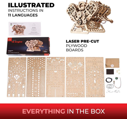 UGEARS V8 Engine Model Kit - 3D Wooden Puzzles for Adults, 3D Puzzle Model Engine Kit, DIY Kits Gifts for Engineers for Fathers Day, Wooden Model Kits for Adults to Build, Brain Teaser Hobby Set