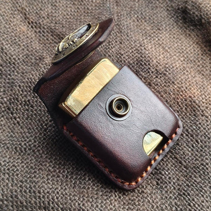 Gucaibu Leather Lighter Case, Dark Brown Western Style with Bronze Eagle Medallion, Handcrafted Holder