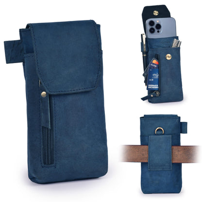 Leather Village Genuine Leather 7”x3.5” Phone Holster Pouch with Belt Clip, Magnetic Closure, ID Card Holder - Blue Universal Case for iPhone, Samsung Galaxy, Google Pixel