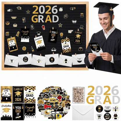 Nuanchu Graduation Bulletin Boards Decorations Set, DIY Poster Photo Board Kit with Black Felt Panels, 2026 Graduation Cards & Envelopes, Sticker Set, Push Pins, Cardstock Decor for Party Classroom