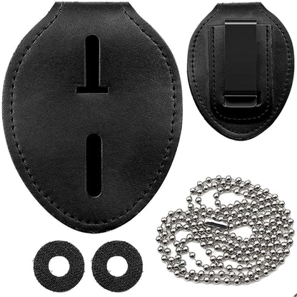 JRLCTECH Police Badge Holder, Law Enforcement Badge Holder, Made of Cowhide, Black Universal Badge Belt Clip Holder Include Metal Clip and Neck Chain