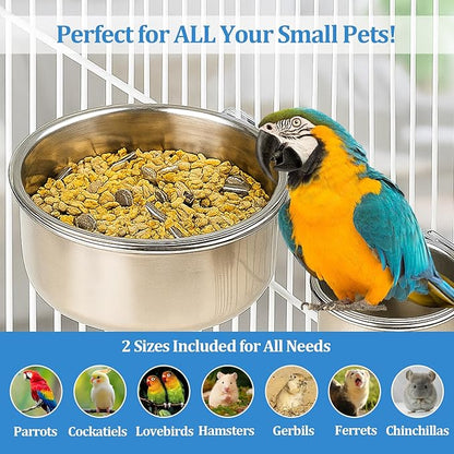 2 Pack Stainless Steel Bird Food Bowl Small Bird Feeding Dish Cups for Cage Parrot Food Bowl Cage with Clamp Holder for Parrots, Cockatiels, Small Animals (M+L)