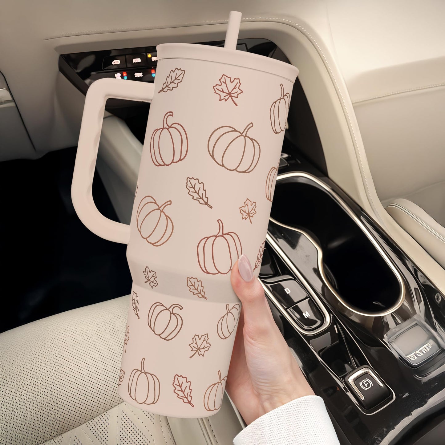 SANDJEST Pumpkin Tumbler with Handle and Straw 40oz – Stainless Sleel Slider Tumbler Travel Coffee Mug for Women - Gift Idea for Fall Autumn Halloween