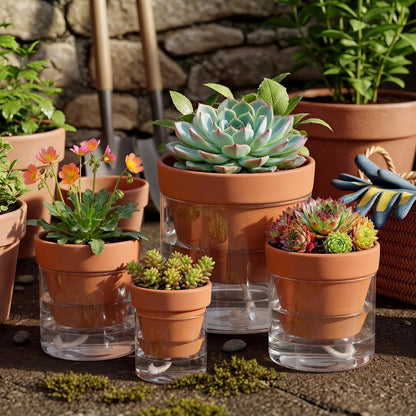 4 Pcs Terracotta Self Watering Pot for Indoor Plants 3in 4in 6in 8in Terracotta Planter with Cylinder Glass Cup and Self-water Pipe for Indoor Plants Herbs Flowers Ivy Outdoor Balconies Kitchen Office