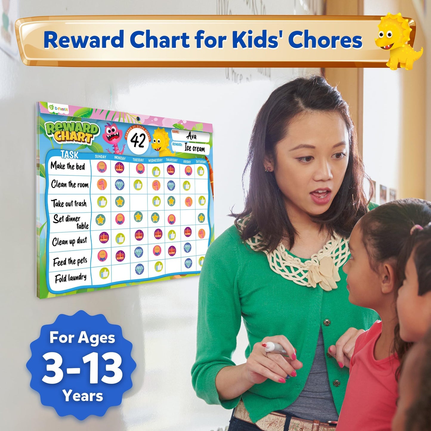 D-FantiX Reward Chart for Kids - Pad with 27 Chore Charts, Magnetic Behavior Chart for Kids at Home, Sticker Chart to Motivate Responsibility and Good Habits, 2328 Incentive Stickers