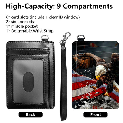 BREIDMKFM Credit Card Holder Slim Wallet,RFID Wallet Women Front Pocket Small Card Holder Travel Cute Thin Minimalist Card Case Leather Flat Wallet with ID Window&Wrist Strap,American Flag Eagle