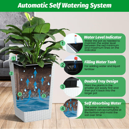 MilleLoom Set of 2 Tall 16-Inch Self-Watering Rattan Planters for Indoor & Outdoor – Large White Flower Pots with Drainage, Water Level Indicator & Trays, Modern Patio and Home Décor