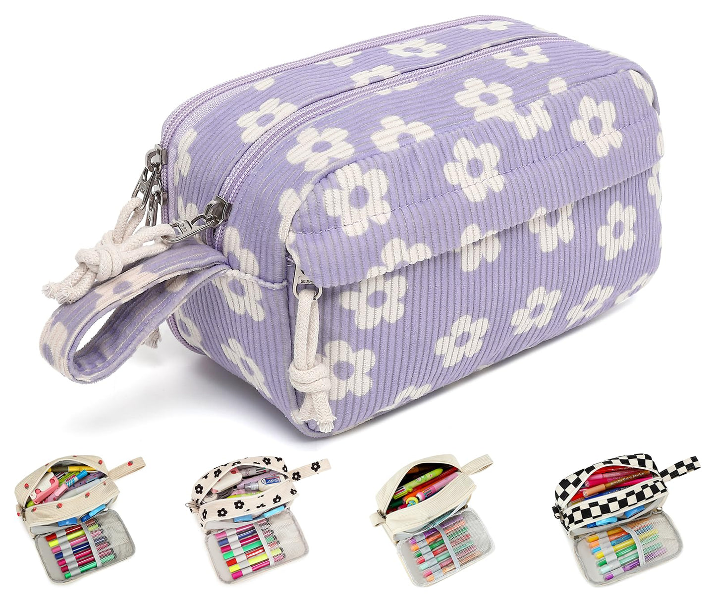Bluboon Big Capacity Pencil Case Pencil Pouch Pen Case School Supplies Cute Pencil Box Pencil Bag for Teen Girls Boys Women Man (Beige Flower Purple)